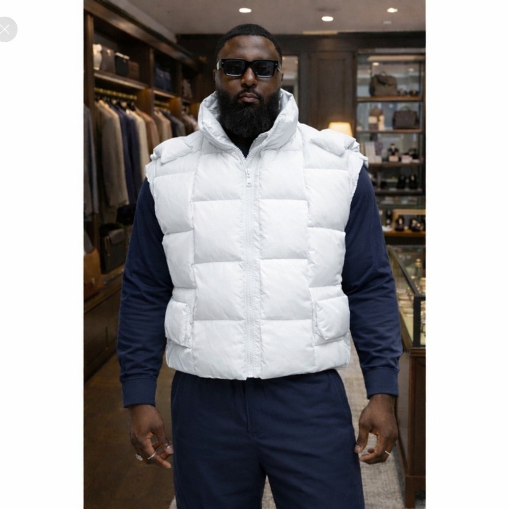 Mens White Oversized Woven Puffer Vest Cassette Quilted Sleeveless‎ Jacket - Picture 3 of 4